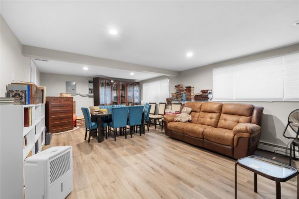 Dining room, Interior, Living room, Recessed Lighting, Wood Texture Flooring
