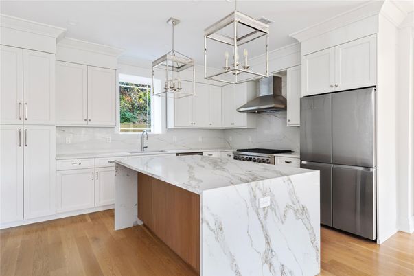 Interior, Kitchen, Marble Walls, Pendant Lights, Wood Texture Flooring