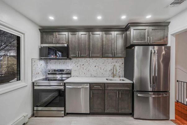 Interior, Kitchen, Recessed Lighting, Stainless Steel Appliances, Wood Texture Flooring