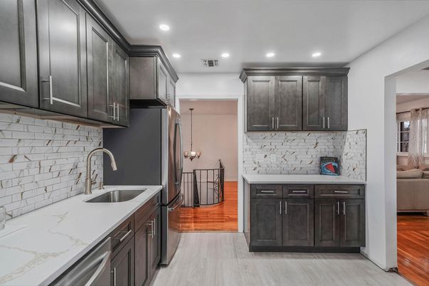 Interior, Kitchen, Pendant Lights, Recessed Lighting, Wood Texture Flooring
