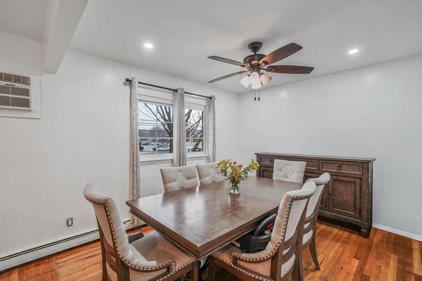 Dining room, Interior, Recessed Lighting, Wood Texture Flooring