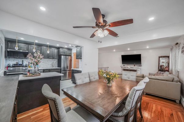 Dining room, Interior, Kitchen, Living room, Recessed Lighting, Stainless Steel Appliances, Wood Texture Flooring