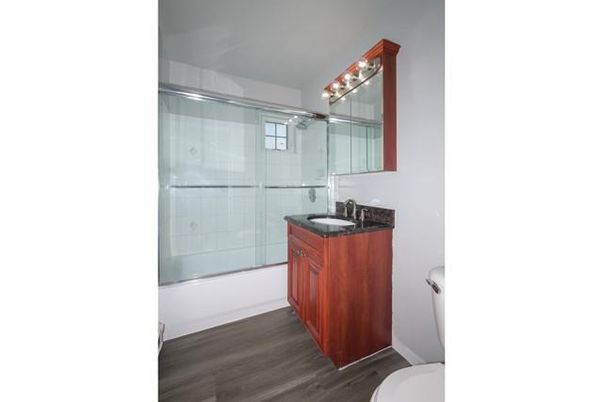 Bathroom, Glass Shower, Interior, Wood Texture Flooring