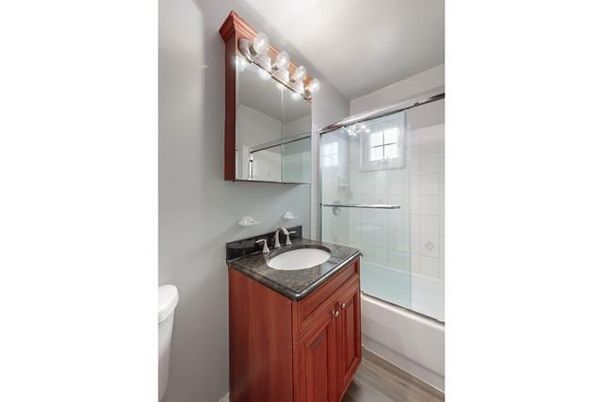 Bathroom, Glass Shower, Interior, Wood Texture Flooring