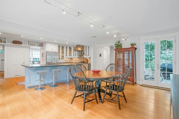 Dining room, Interior, Kitchen, Recessed Lighting, Stainless Steel Appliances, Wood Texture Flooring