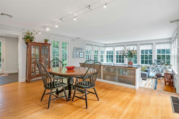 Dining room, Interior, Recessed Lighting, Wood Texture Flooring
