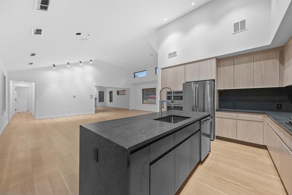 Interior, Kitchen, Recessed Lighting, Stainless Steel Appliances, Wood Texture Flooring