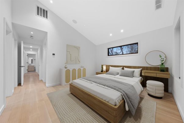 Bedroom, Interior, Recessed Lighting, Wood Texture Flooring