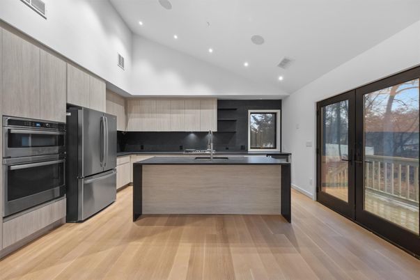 Interior, Kitchen, Recessed Lighting, Stainless Steel Appliances, Wood Texture Flooring