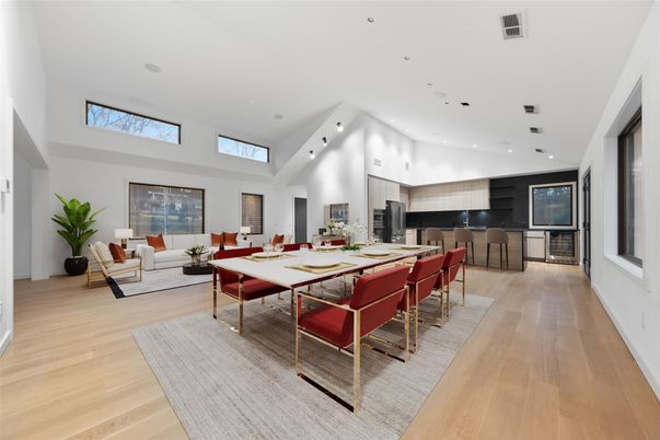 Dining room, Interior, Kitchen, Living room, Recessed Lighting, Stainless Steel Appliances, Wood Texture Flooring