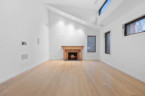 Empty room, Fireplace, Interior, Recessed Lighting, Wood Texture Flooring