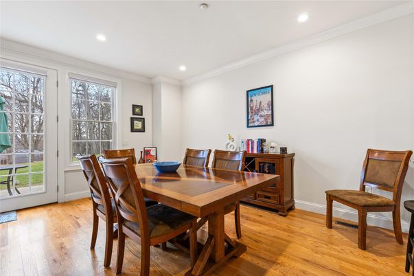 Dining room, Interior, Recessed Lighting, Wood Texture Flooring