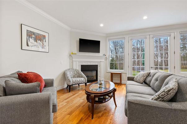 Fireplace, Interior, Living room, Recessed Lighting, Wood Texture Flooring