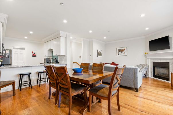 Dining room, Fireplace, Interior, Kitchen, Living room, Recessed Lighting, Wood Texture Flooring