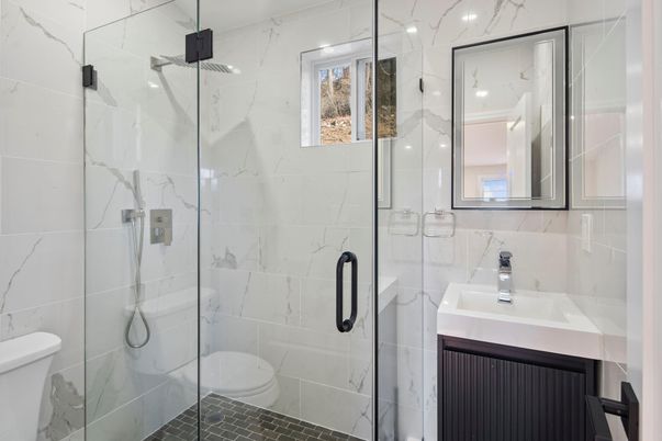 Bathroom, Glass Shower, Interior, Marble Walls