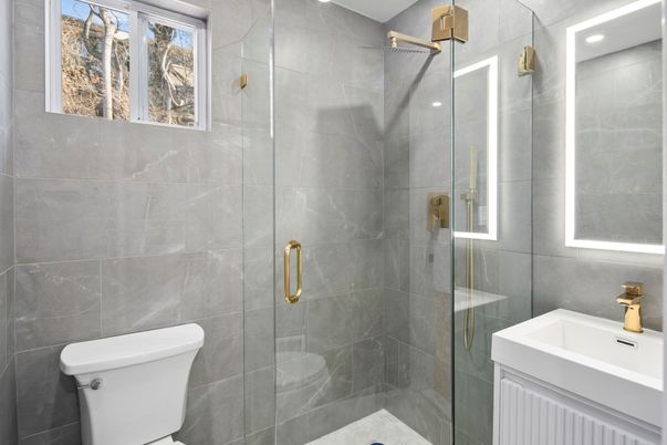 Bathroom, Glass Shower, Interior, Marble Walls, Recessed Lighting