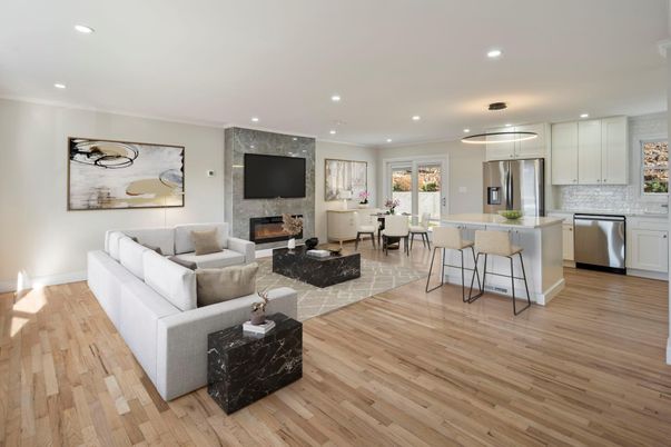 Dining room, Fireplace, Interior, Kitchen, Living room, Pendant Lights, Recessed Lighting, Stainless Steel Appliances, Wood Texture Flooring