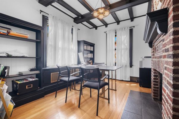 Dining room, Fireplace, Interior, Pendant Lights, Wooden Beams, Wood Texture Flooring