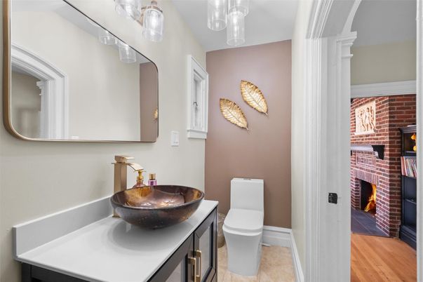 Bathroom, Fireplace, Interior, Stone Walls, Wood Texture Flooring