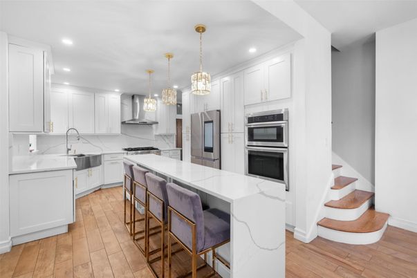 Interior, Kitchen, Pendant Lights, Recessed Lighting, Stainless Steel Appliances, Wood Texture Flooring