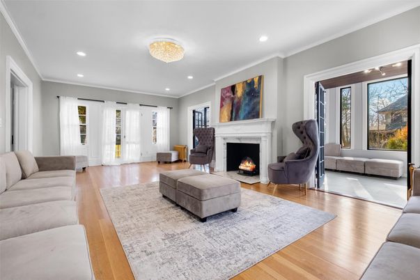 Fireplace, Interior, Living room, Recessed Lighting, Wood Texture Flooring