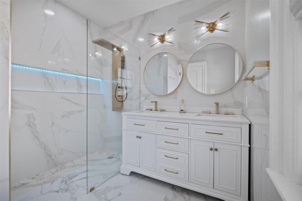 Bathroom, Dual Sink Vanities, Glass Shower, Interior, Marble, Marble Walls