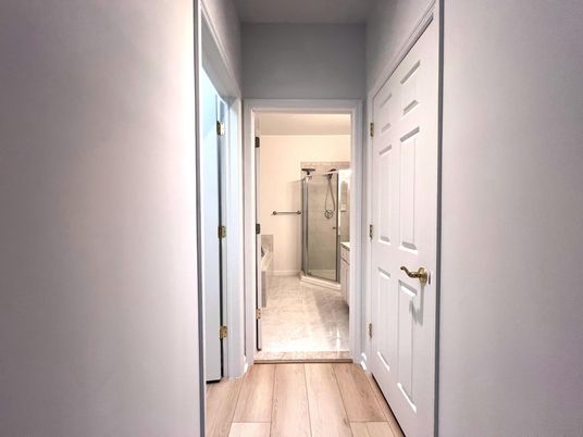 Bathroom, Glass Shower, Interior, Wood Texture Flooring