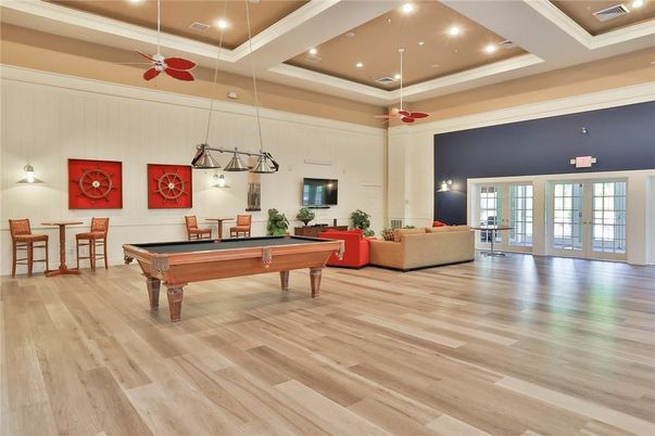 Billiard Table, Game Room, Interior, Living room, Pendant Lights, Recessed Lighting, Wood Texture Flooring