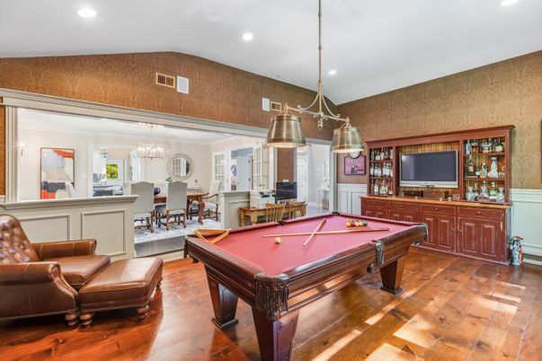 Billiard Table, Chandelier, Game Room, Interior, Pendant Lights, Recessed Lighting, Wood Texture Flooring