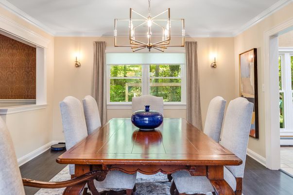 Dining room, Interior, Pendant Lights, Wood Texture Flooring