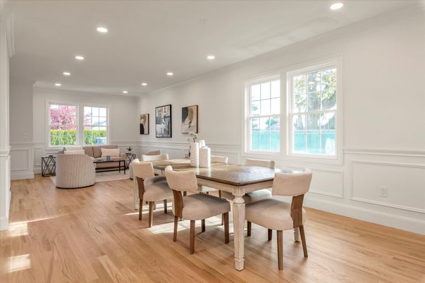 Dining room, Interior, Living room, Recessed Lighting, Wood Texture Flooring