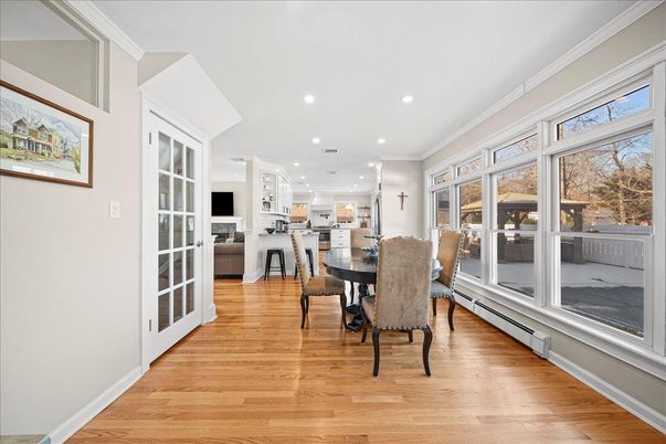 Dining room, Interior, Kitchen, Recessed Lighting, Wood Texture Flooring