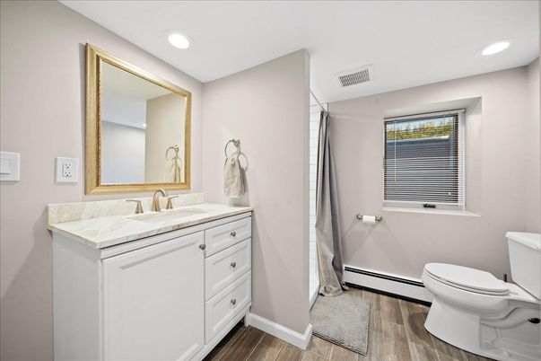 Bathroom, Interior, Recessed Lighting, Wood Texture Flooring