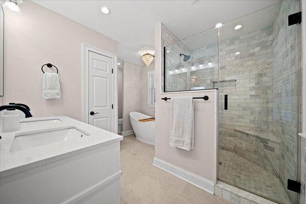 Bathroom, Dual Sink Vanities, Free Standing Baths, Glass Shower, Interior, Recessed Lighting