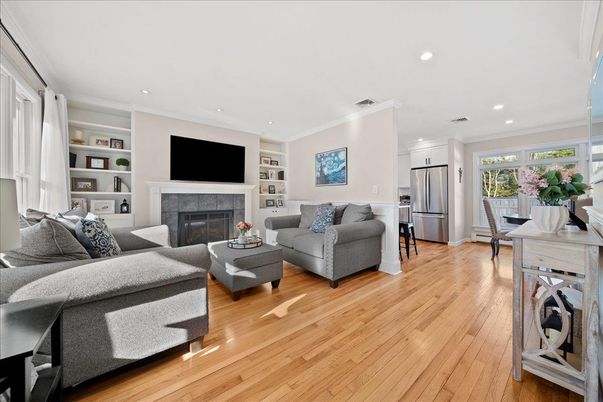 Fireplace, Interior, Living room, Recessed Lighting, Wood Texture Flooring