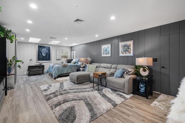 Bedroom, Interior, Living room, Recessed Lighting, Wood Texture Flooring