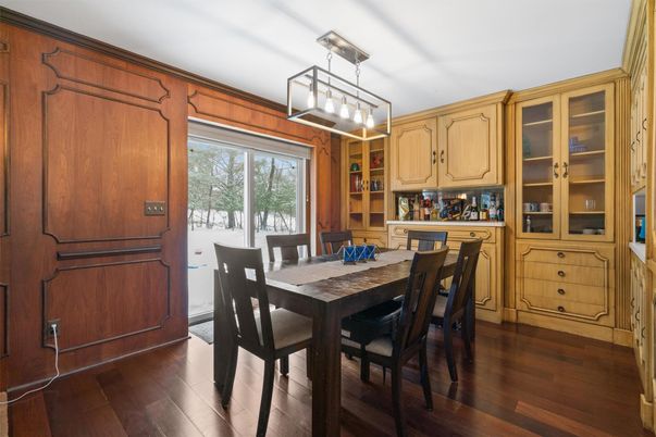 Dining room, Interior, Pendant Lights, Wood Texture Flooring
