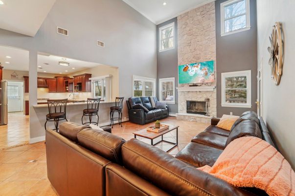 Fireplace, Interior, Kitchen, Living room, Recessed Lighting, Stone Walls