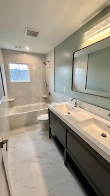 Bathroom, Dual Sink Vanities, Interior, Marble, Recessed Lighting