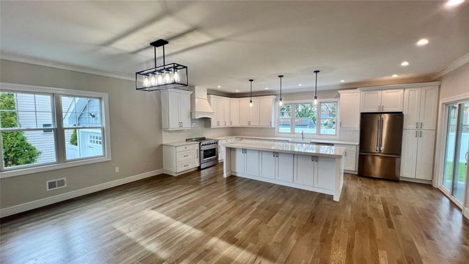Interior, Kitchen, Pendant Lights, Recessed Lighting, Stainless Steel Appliances, Wood Texture Flooring