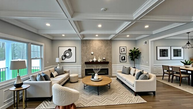 Dining room, Fireplace, Interior, Living room, Pendant Lights, Recessed Lighting, Wood Texture Flooring