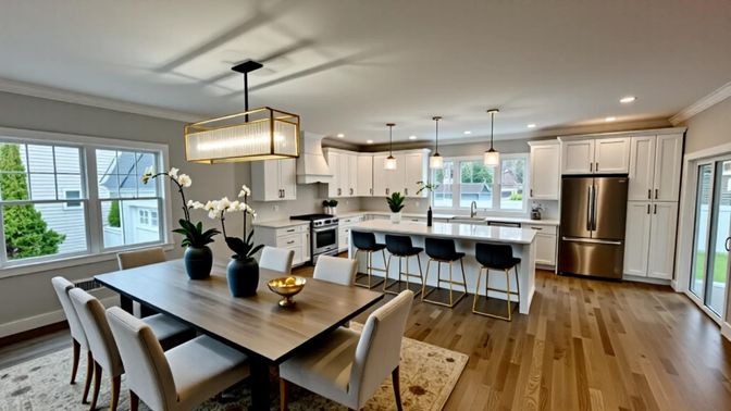 Dining room, Interior, Kitchen, Pendant Lights, Recessed Lighting, Stainless Steel Appliances, Wood Texture Flooring