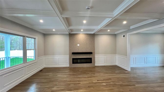 Empty room, Fireplace, Interior, Recessed Lighting, Wood Texture Flooring