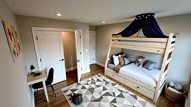 Bedroom, Interior, Recessed Lighting, Wood Texture Flooring