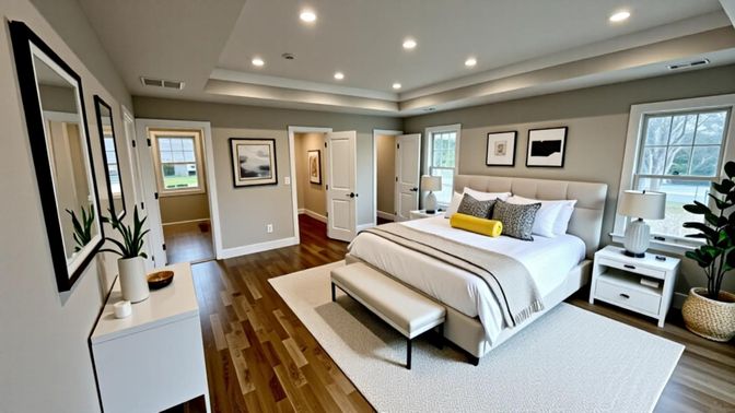 Bedroom, Interior, Recessed Lighting, Wood Texture Flooring