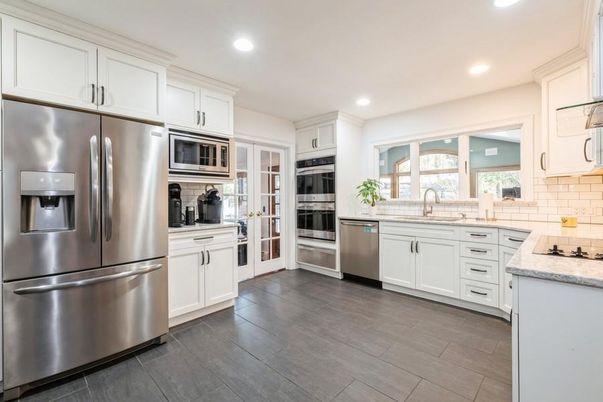 Interior, Kitchen, Recessed Lighting, Stainless Steel Appliances, Wood Texture Flooring