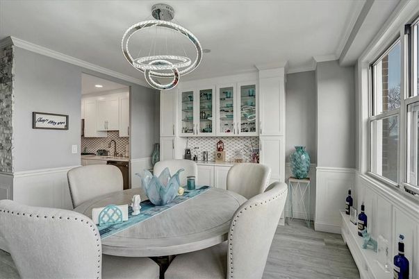 Dining room, Interior, Pendant Lights, Recessed Lighting, Wood Texture Flooring
