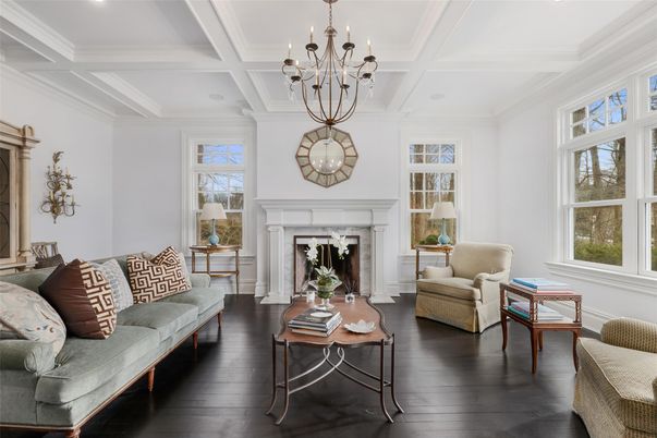Chandelier, Fireplace, Interior, Living room, Pendant Lights, Recessed Lighting, Wood Texture Flooring