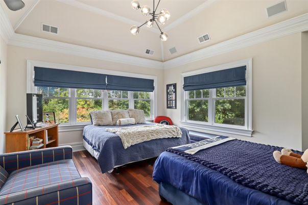 Bedroom, Interior, Pendant Lights, Wood Texture Flooring