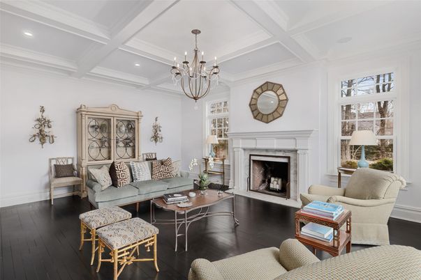 Chandelier, Fireplace, Interior, Living room, Recessed Lighting, Wood Texture Flooring